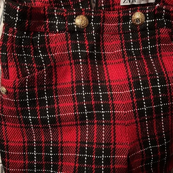 Zara Red Plaid Wool Blend Gold metallic Buttoned Shorts